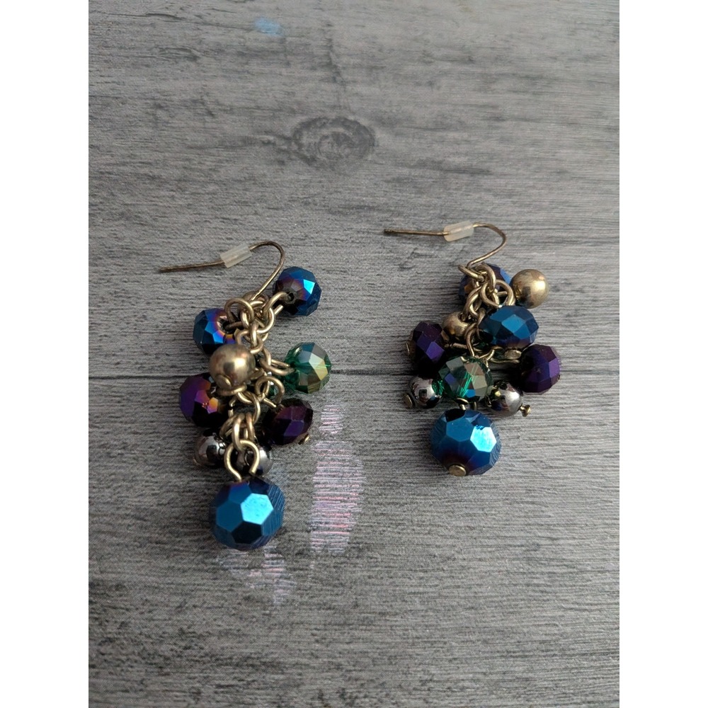 Blue Purple Iridescent Beaded Cluster Drop Earrings Antiqued Gold Tone Boho